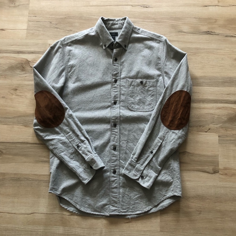 Men's Gray Button-Down Shirt with Brown Elbow Patches
